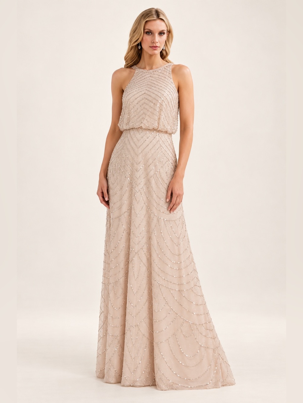 Adrianna Papell Size 8 Blush Beaded Blouson Art Deco Gown NWT GALA MOB Formal
